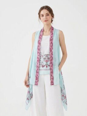 2Chic Vest Blue Embroidered Floral Festival Gauzy Summer OSFA